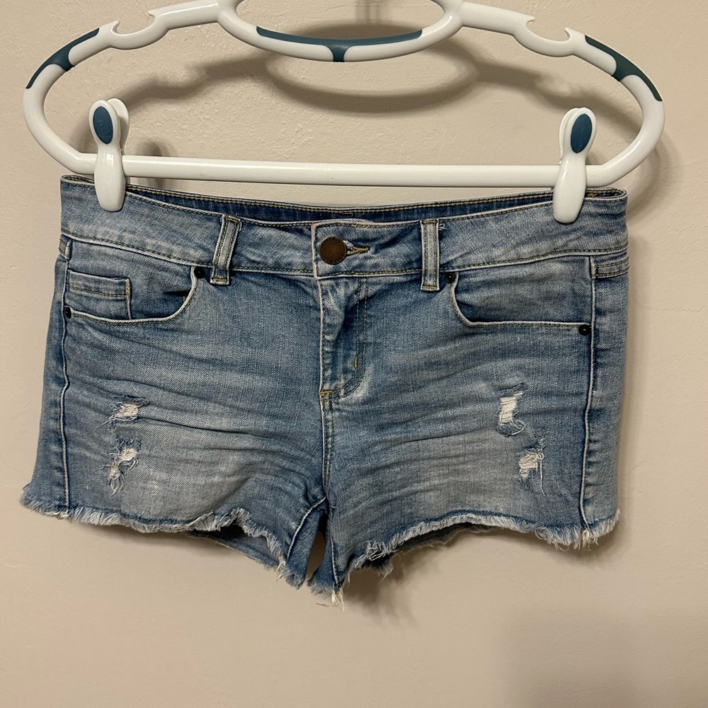 O'Neill Blue Jean Shorts with Frayed Hem and Distressed Details